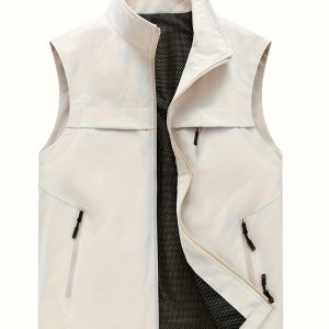 Men'S Lightweight Outdoor Vest with Multiple Pockets, Stand Collar, Long Sleeves, Solid Color, Casual Workwear, Suitable for Spring, Summer, And Autumn