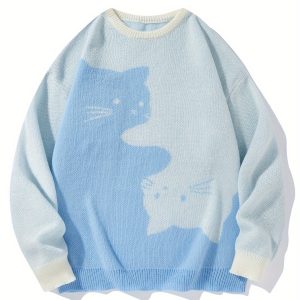 New Round-Neck Sweater for Men by Tie Mu Zhen OBM, Featuring a Knitted Design with Animal Patterns, Including a Cat Motif. This Long-Sleeve Pullover Is Suitable for Couples And Is Perfect for Students' Everyday Casual Wear in a Collegiate Style