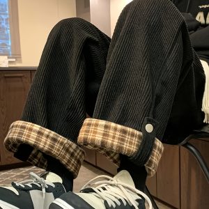 Men's Hong Kong Style Corduroy Cuffed Contrast Color Plaid Wide-Leg Pants for Spring and Autumn, Student Casual Sports Trousers