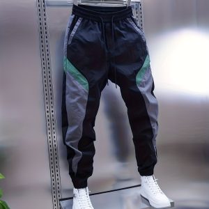 Men's Long Pants Casual Trousers with Drawstring Elastic Waist, Black, Green, Gray Color Block Design, Trendy Street Sport Style, Comfortable and Adjustable, Pair with White Casual Shoes for Daily and Sports Wear