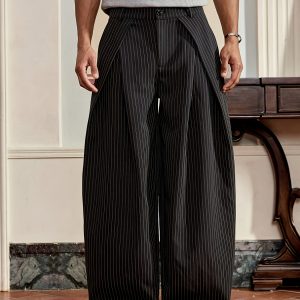 Men's Trendy Basic Versatile Flattering Buttoned Pleated Pocket  Design Four Seasons Loose Wide Leg Comfortable Black Striped Casual Sport Long Pants