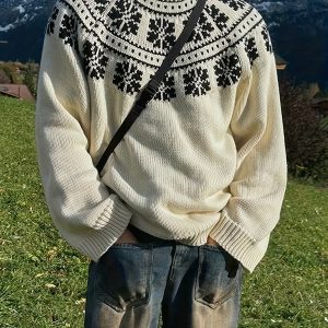 OBM Autumn And Winter Men'S Sweater - Casual Vintage Style Round Neck Raglan Sleeve Snowflake Design Jacquard Pattern - Loose Fashionable Holiday Style Knitted Pullover, Comfortable Inner Layer Suitable for Daily Holidays And Street Sports Outfits -