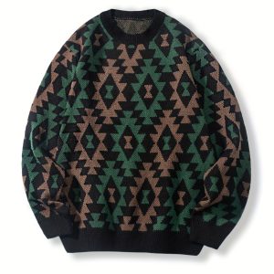 Geometric Pattern Design Men's Casual Crew Neck Long Sleeve Knitted Pullover Sweater For Outdoor Casual, Autumn And Winter