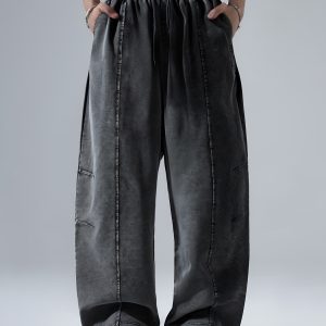 Men'S Baggy Fit Curved Sweatpants Made from 100%, Perfect for Autumn Outdoor Casual Wear. These Long Trousers Feature a Vintage Acid-Washed Look And Sewn Patchwork, Showcasing a Unique Hip-Hop Streetwear Design with a Drawstring