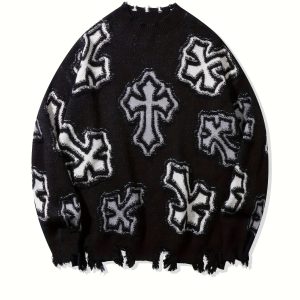 New Autumn And Winter Collection: Stylish Round-Neck Long-Sleeve Black Loose-Fit Pullover Sweater for Men, Featuring Trendy Tassels And a Versatile Unisex Design, Knit