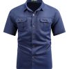 Men’S Solid Color Short-Sleeve Work Shirt Jacket with Button Pockets for Casual Outdoor Wear