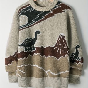 Men's Crew Neck Long Sleeve Sweater, Animal Pattern, Casual Style Medium Stretch Fabric Loose Fit, for Fallu002FWinter