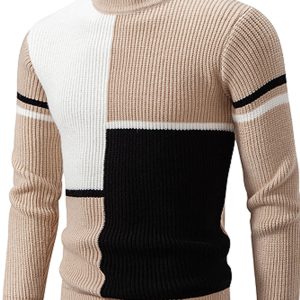 Men'S Autumn Winter New Round Neck Sweater | Color Block Design, Casual Versatile Top, Crew Neck, Acrylic Fabric, Slight Stretch