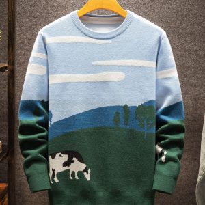 Cozy Fall | Cozy Fall Cow Print Sweater for Men - Casual Long Sleeve, Thick Knit, Acrylic, Crew Neck, Green & Blue Design with Black and White Cow, Perfect for Fallu002FWinter, Fall Winter Apparel | Playful Design | Acrylic Knitwear
