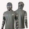 High-Performance Hooded Fishing Shirt with Built-In Leg, Featuring a Soft, Breathable Camouflage Fabric Design.