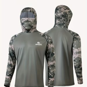 High-Performance Hooded Fishing Shirt with Built-In Leg, Featuring a Soft, Breathable Camouflage Fabric Design.