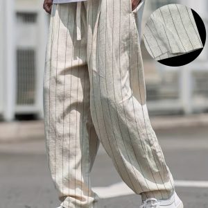 Men'S Striped Woven Linen Pleated Casual Pants