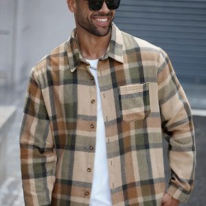 Men'S Long-Sleeve Plaid Shirt for Autumn And Winter, Featuring a Button- Chest Pocket Design, Recommended for Trendy, Stylish, And Comfortable Casual Outings, Perfect As Thanksgiving Gifts for Men.