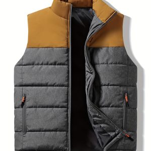 Men's Color Blocking Sleeveless Vest - Trendy Comfy Warm Stand Collar Vest Outdoor Clothes For Autumn And Winter