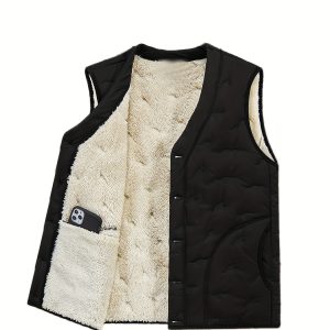 Men's Warm Fleece-Lined Vest - Casual V-Neck, Sleeveless Jacket for Fall & Winter