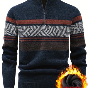 Men'S Autumn And Winter Sweater with a Quarter-Zip Collar, Featuring a Geometric Jacquard Pattern, Thickened for Warmth, Perfect for Casual Wear And Outings, Knit