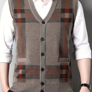 Men's Classic Geometric Plaid Knit Sleeveless Vest - V-Neck Button Front, Asymmetrical Design, 100% Polyester Warmth for Fall Winter, Casual Layering Essential, Winter Warm Vest, Easycare Fabric