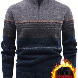Men'S Winter Knitted Pullover with a Warm Fleece-Lined Zip Collar, Featuring Contrasting Stripes, Perfect for Casual Outings.