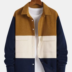 Men's Gift, Contrast Color Spliced Lapel Double Pocket Design Casual Fashion Daily Outing Commuter Versatile Spring Autumn New College Style Trendy Hoodie Jacket