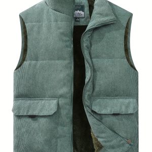 Green Fleece Vest Warm Green Fleece-Lined Men's Stand Collar Vest | Multiple Pockets, Casual Winter Jacket for Fall and Winter | Polyester Filler, Thick