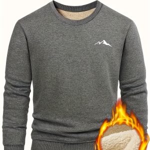Men'S Thick Fleece Winter Pullover - Cozy Crew Neck Sweatshirt with Mountain Print, Soft Warm Fleece Fabric, Casual Regular Fit for Outdoor & Casual Attire, Winter Clothing | Mountain Print Top | Soft Fleece Material