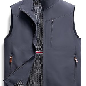 Outdoor Sports, Loose-fit Stand-up Collar Multi-pocket Work Vest, Breathable Springu002Fautumn Lightweight Style, Men's Climbing, Fishing, and Travel Vest Jacket