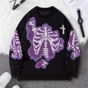 1pc Polyester Knit with Halloween Skeleton Pattern - Men's Casual Pullover Sweater - Round Neck - Regular Fit for Autumnu002FWinter